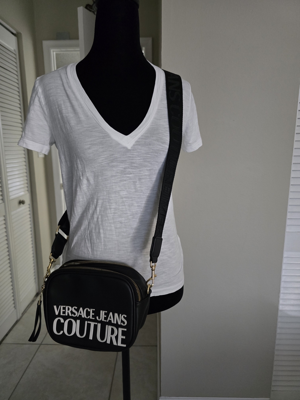 Versace Jeans Couture Black Crossbody Camera Bag with White Logo-AUTHENTIC